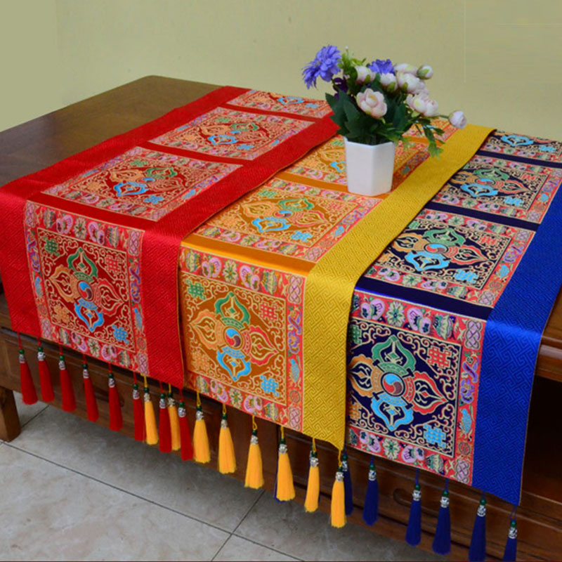 Meditation Altar Mat with Tibetan Vajra and Auspicious Symbols, 95x33cm