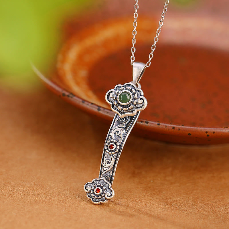 925 Sterling Silver Jade Necklace with Ruyi Handle for Blessings