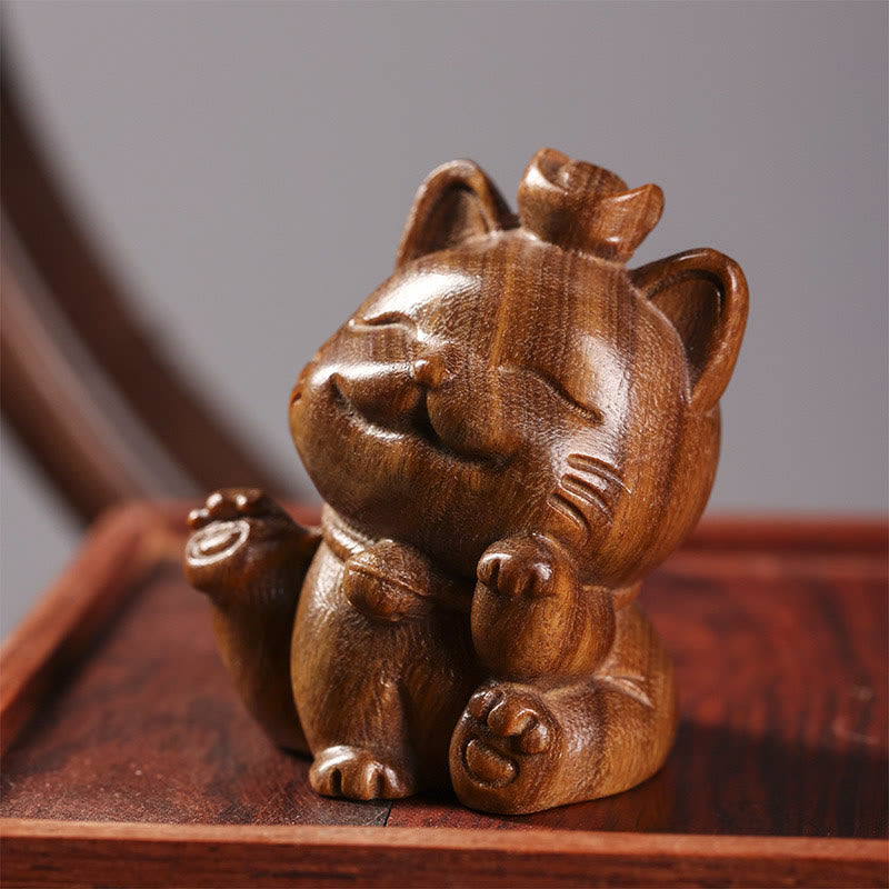 5cm Green Sandalwood Lucky Cat Statue for Peace & Prosperity