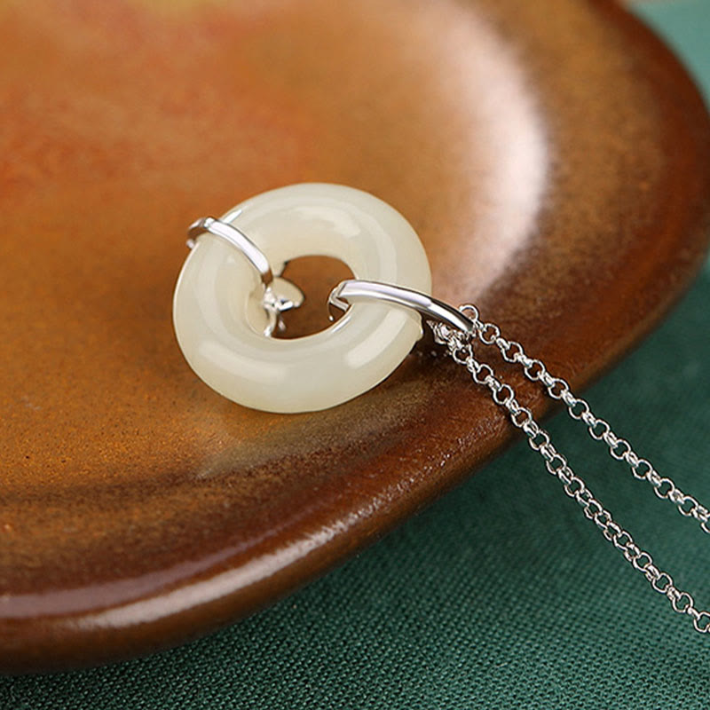 925 Sterling Silver Hetian Jade Peace Buckle Flower Luck Necklace