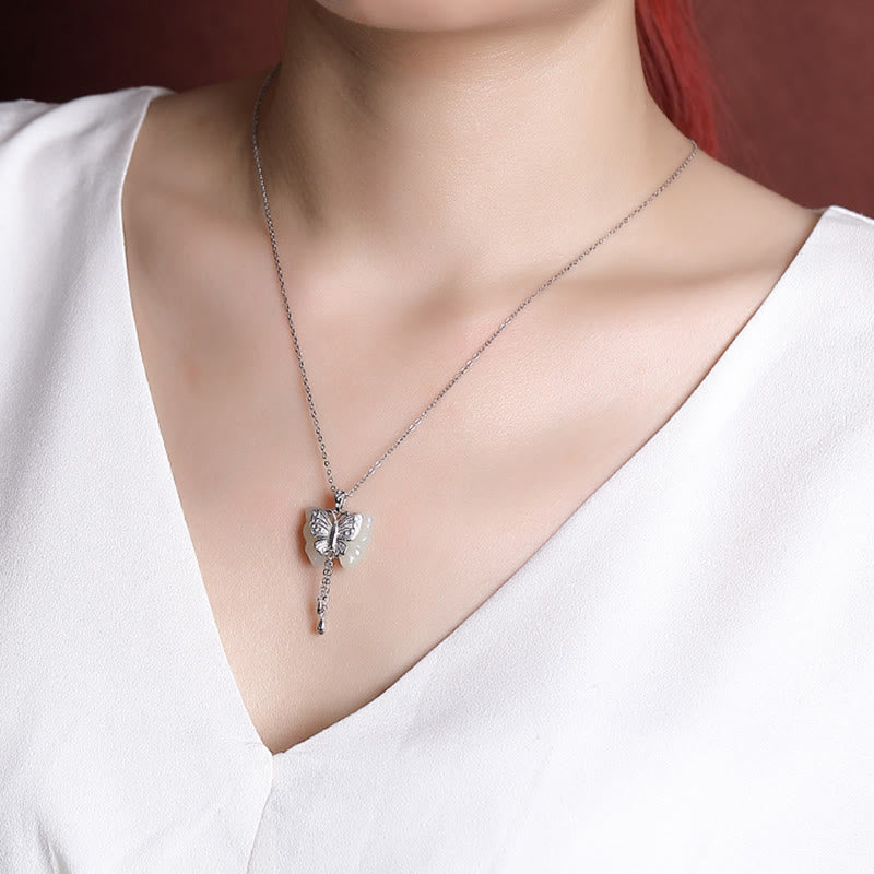 Gold Plated Hetian White Jade Butterfly Blessing Necklace Pendant