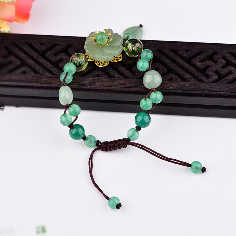 Unisex Green Jade Luck Flower Charm Bracelet 6-10mm Beads