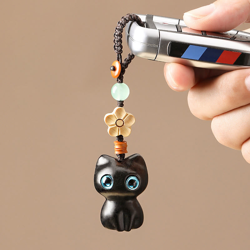 Ebony Wood Lucky Cat Key Chain for Spiritual Peace & Balance