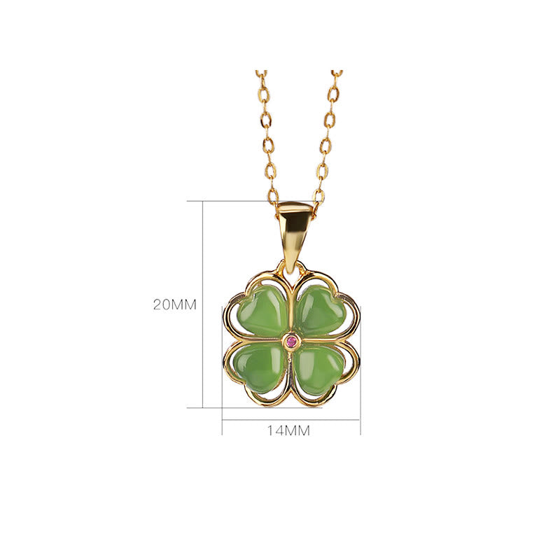 Silver Hetian Cyan Jade Lucky Four Leaf Clover Necklace