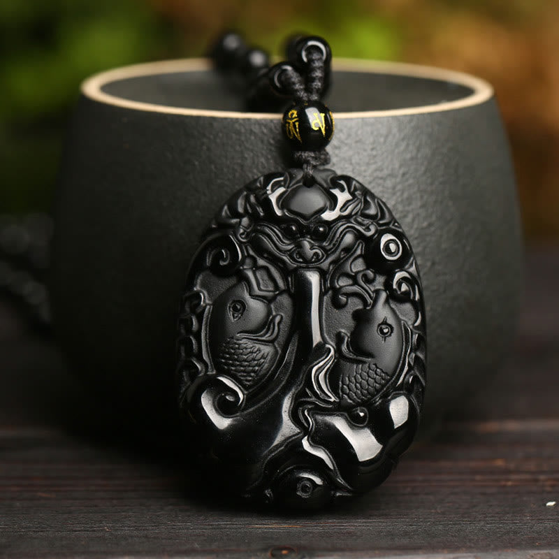 Black Obsidian Koi Fish Pendant Necklace for Strength & Fulfilment