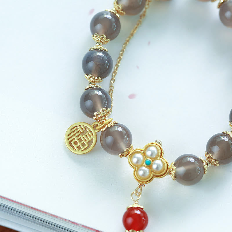 8mm Gray Agate Fu Character Balance Bracelet