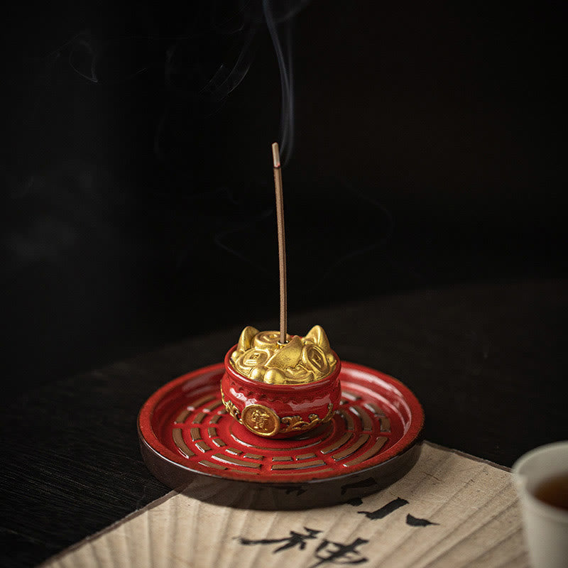 Ceramic Bagua Incense Burner | Treasure Bowl & Lucky Bag Set