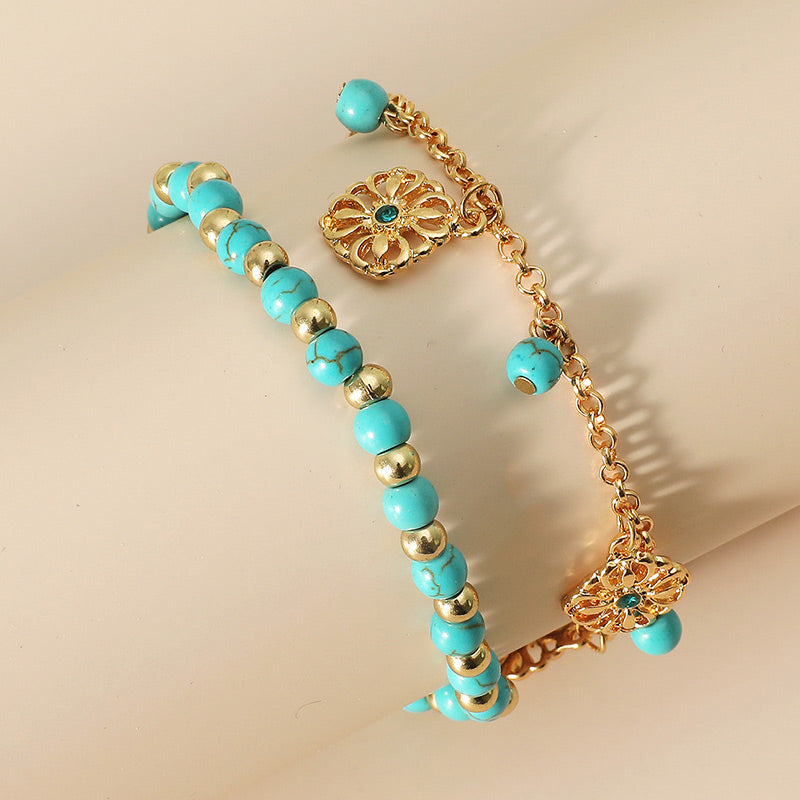 Turquoise Flower Protection Bracelet and Anklet Set