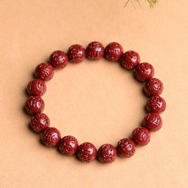 Natural Cinnabar Om Mani Padme Hum Fret Pattern Bracelet 8mm