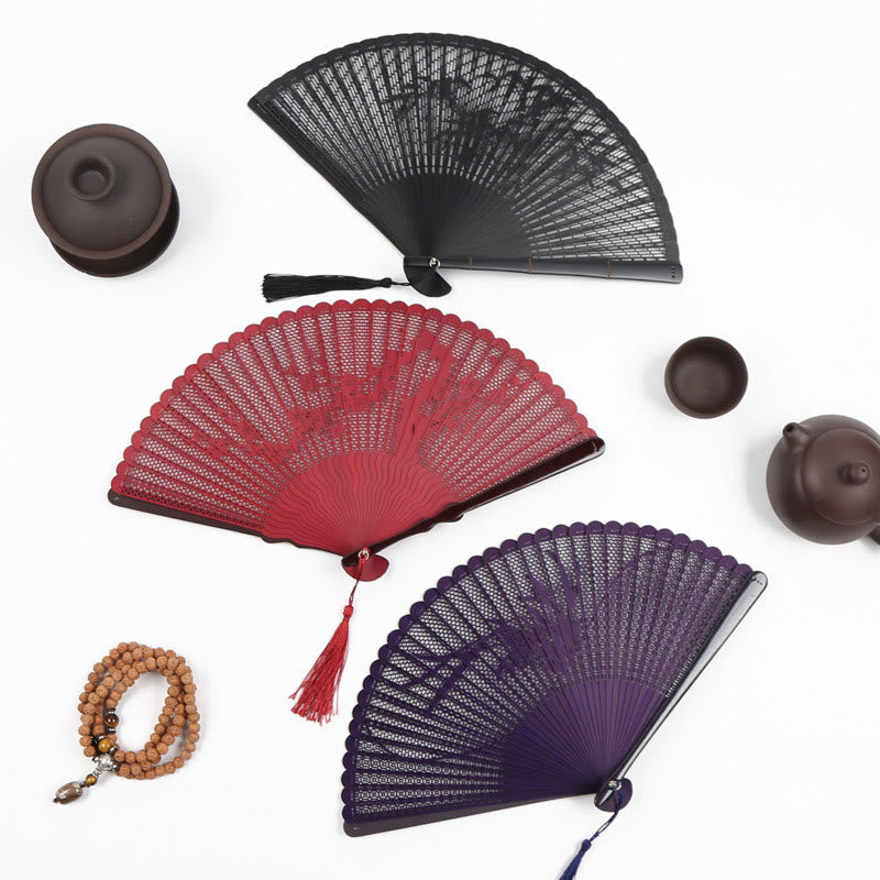 Bamboo Hollow Engraving Folding Fan 20cm Handmade Artistry