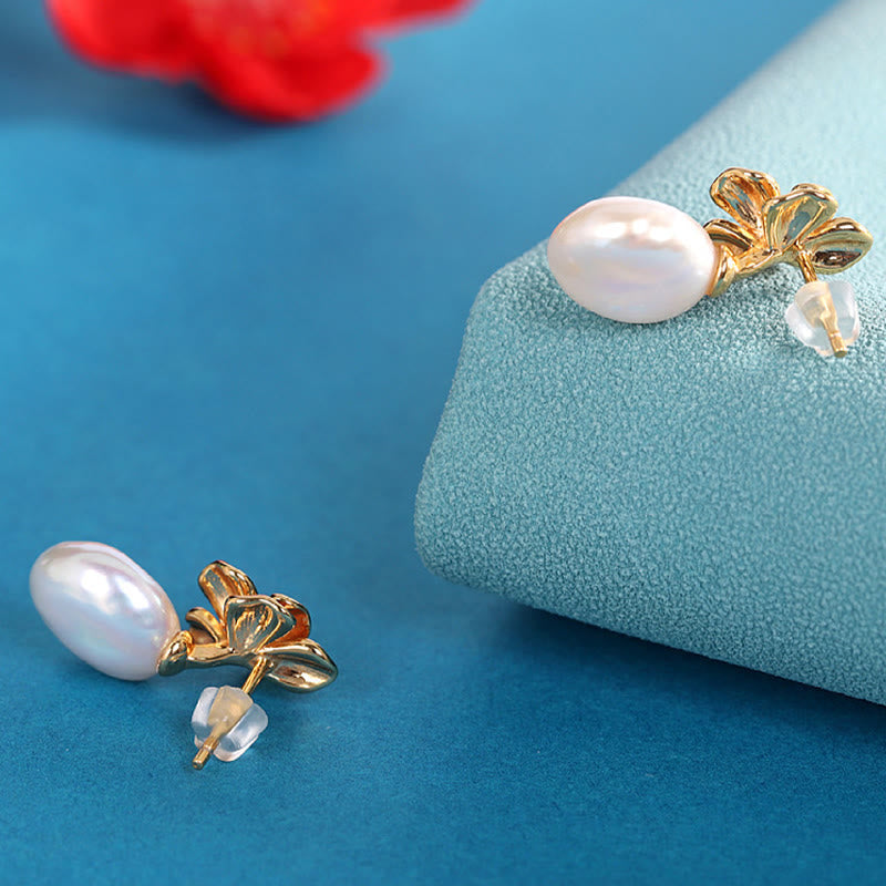 Baroque Pearl Flower Healing Drop Earrings in 925 Sterling Silver
