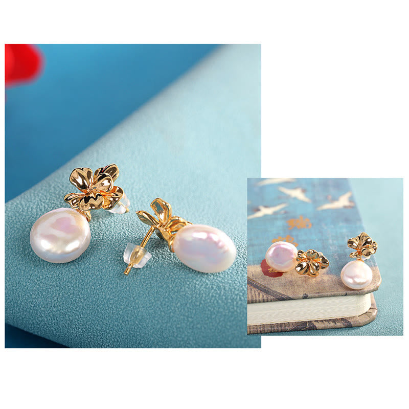 Baroque Pearl Flower Healing Drop Earrings in 925 Sterling Silver