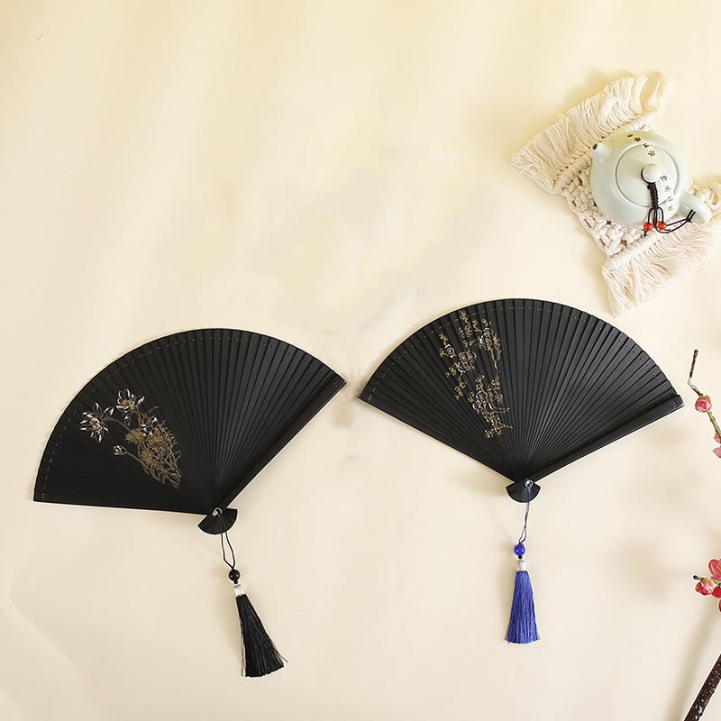 18cm Bamboo Folding Fan with Hibiscus and Plum Blossom Design