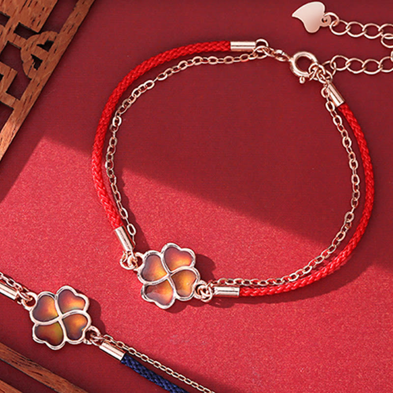 Color-changing Four Leaf Clover Red String Bracelet in 925 Silver for Luck
