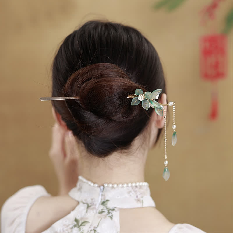 Pearl Flower Leaf Tassel Hairpin for Calm & Wealth