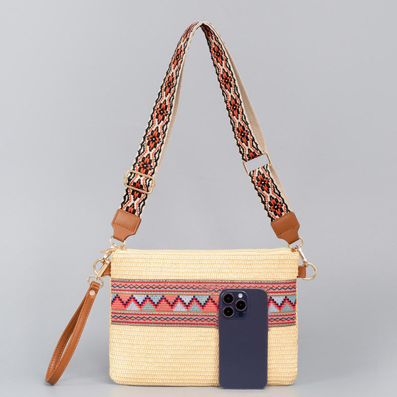 Colorful Geometry Boho Straw Woven Crossbody Bag 28cm