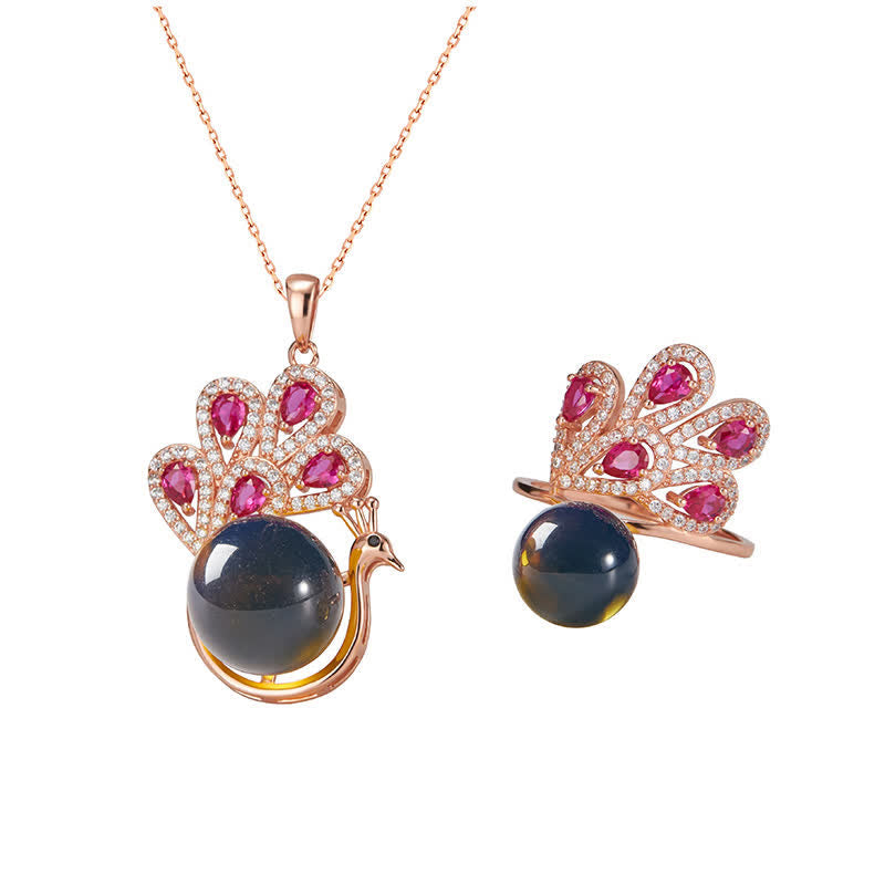 Peacock Amber Fortune Necklace & Ring | Healing Sounds