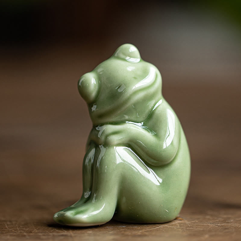 Mini Ceramic Meditation Frog Figurine for Luck & Wealth