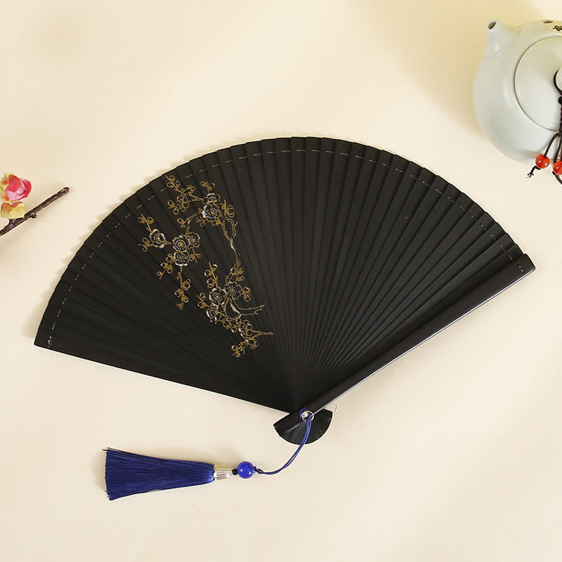 18cm Bamboo Folding Fan with Hibiscus and Plum Blossom Design