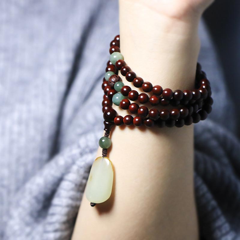 6mm Small Leaf Red Sandalwood Jade Wood Mala Bracelet for Meditation