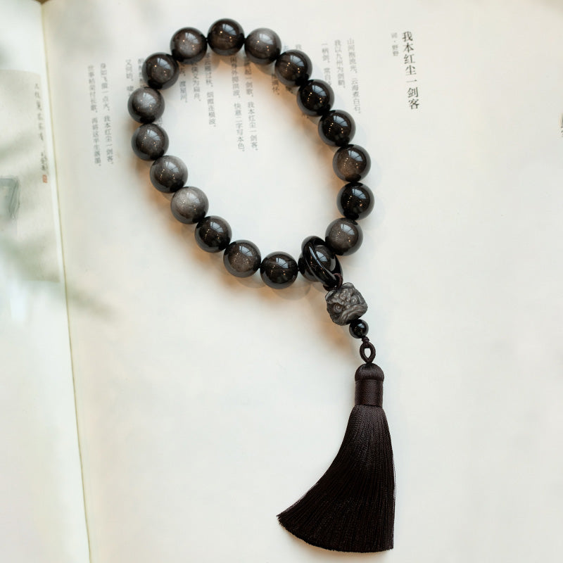 16mm Silver Sheen Obsidian Lion Wrist Mala for Protection & Wisdom