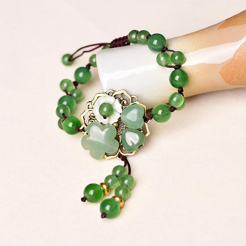 Unisex Green Jade Luck Flower Charm Bracelet 6-10mm Beads