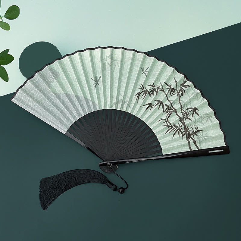 Chinese Folding Fan with Bamboo and Koi Fish Patterns