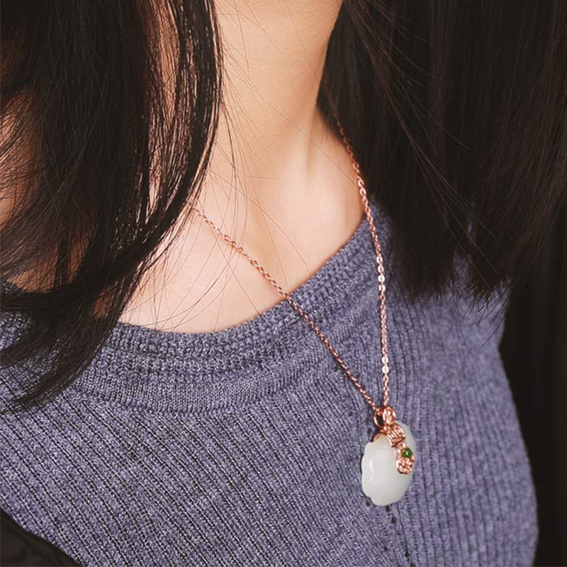 White Jade Blessing Happiness Necklace in 925 Sterling Silver