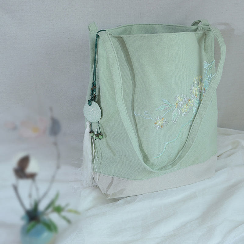 Canvas Tote Bag with Flower Crane & Plum Blossom Embroidery