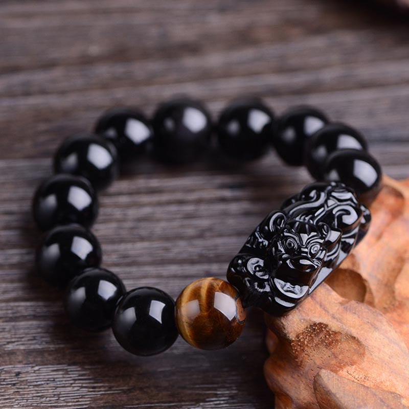 Natural Black Obsidian PiXiu Bracelet 14mm for Strength