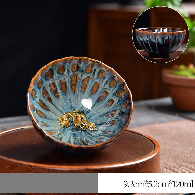 Ceramic Zen Teacup 120ml | Lotus Peacock Dragon Symbolism