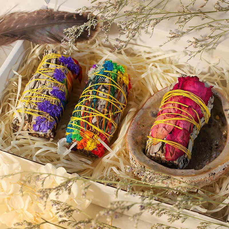 Colorful Daisy & Red Rose Smudge Stick Set for Home Cleansing