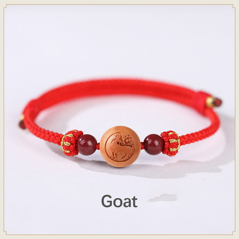 Natural Peach Wood Chinese Zodiac Fu Cinnabar Wealth Bracelet