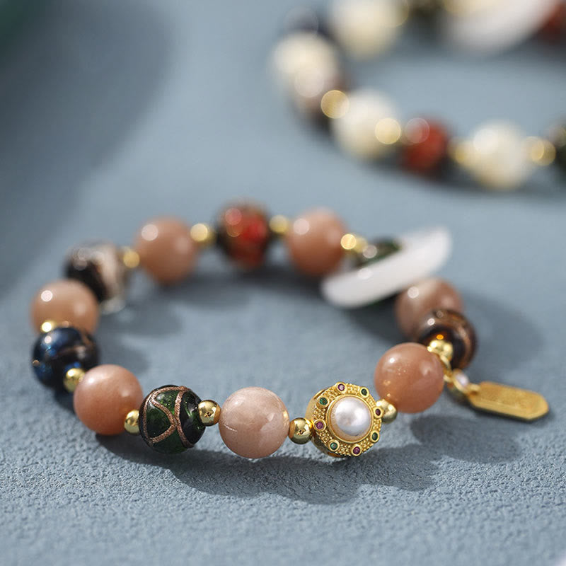Om Mani Padme Hum Om Bracelet with Tridacna & Sun Stones 14-16cm