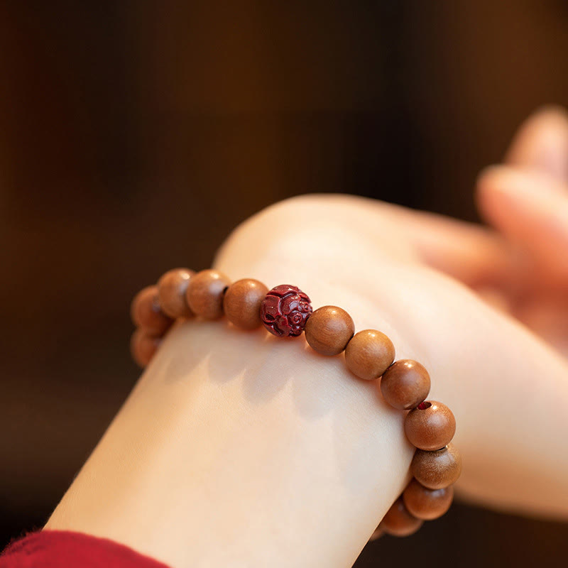 Peach Wood Cinnabar Lotus Bracelet for Luck & Wealth