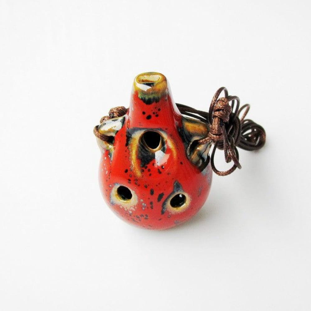 Red ceramic ocarina with speckles and six holes for beginners, ideal gift choice