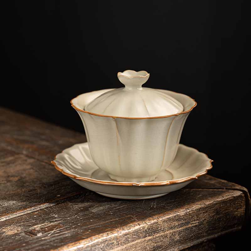 Beige Ceramic Gaiwan with Plum Blossom Design 120ml Tea Set