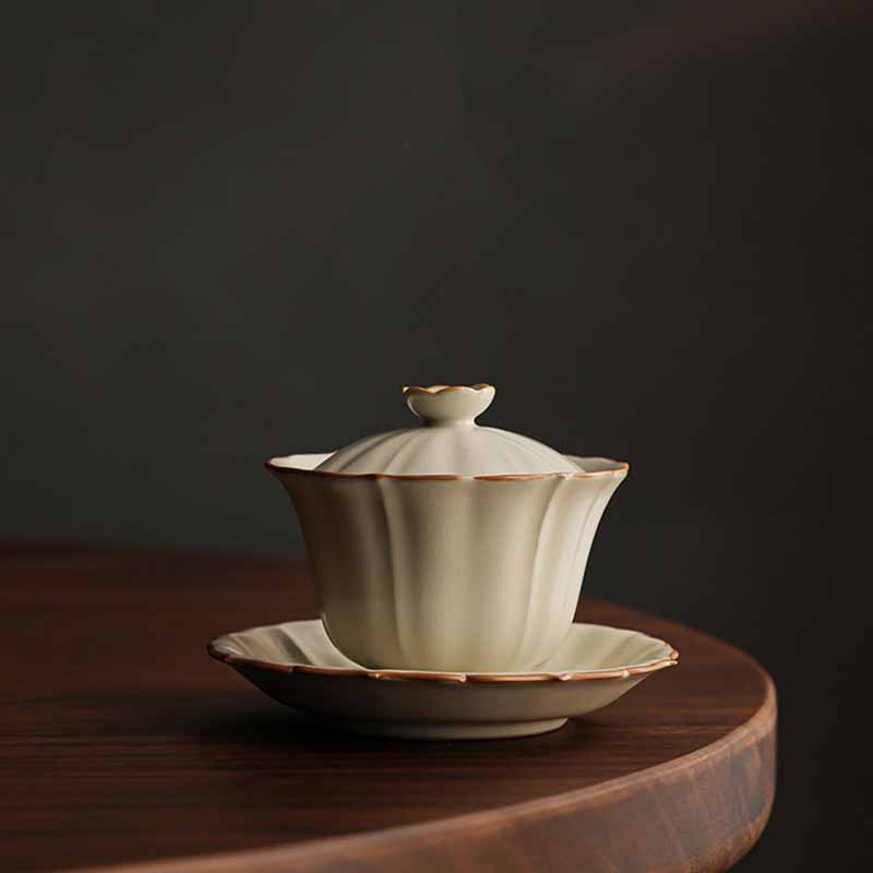 Beige Ceramic Gaiwan with Plum Blossom Design 120ml Tea Set
