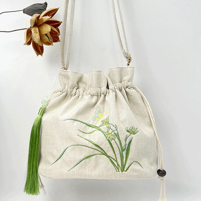 Beige Orchid Grass Cotton Linen Yoga Bag 19x20x10 cm