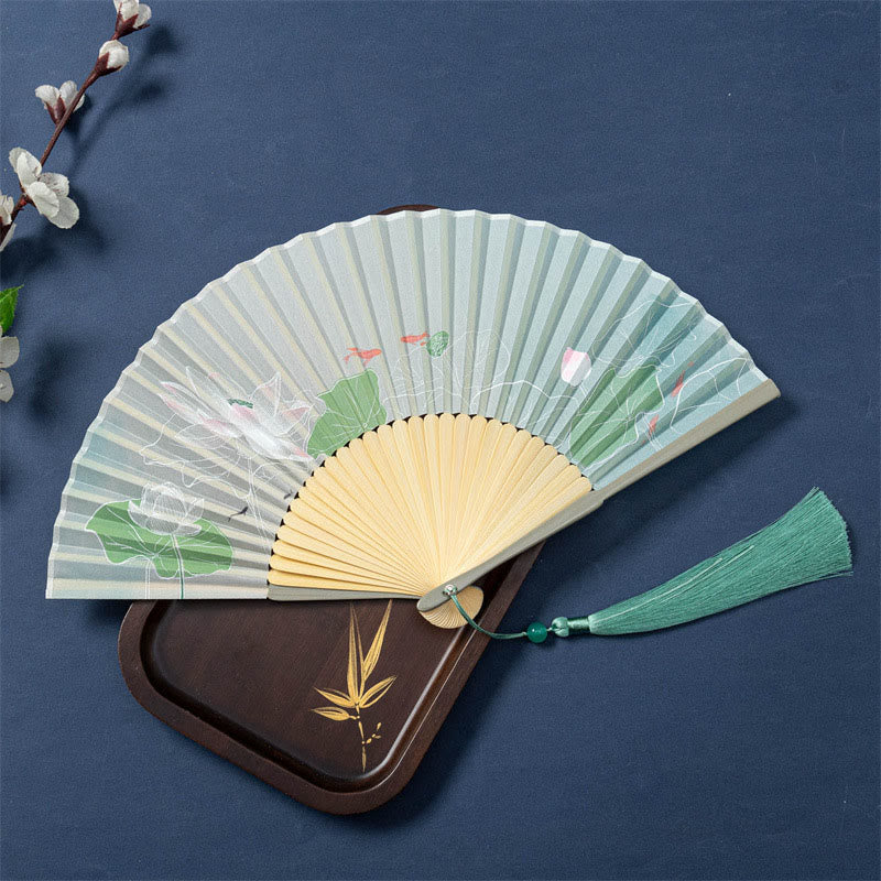 21cm Chinese Folding Fan with Lotus Begonia Jasmine Motifs in Bamboo Frame