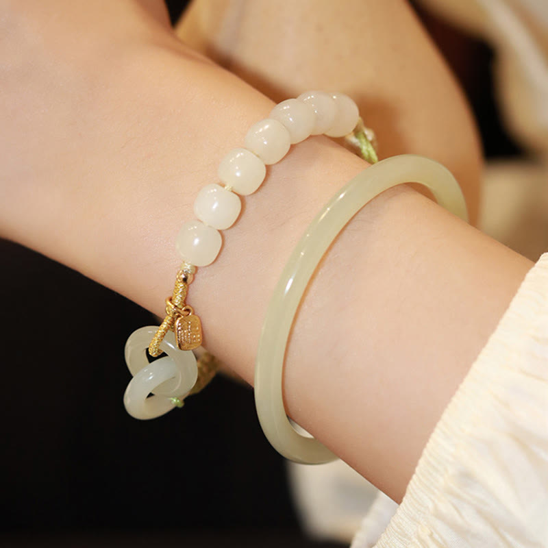 Natural Hetian Jade Double Peace Buckle Bracelet for Abundance
