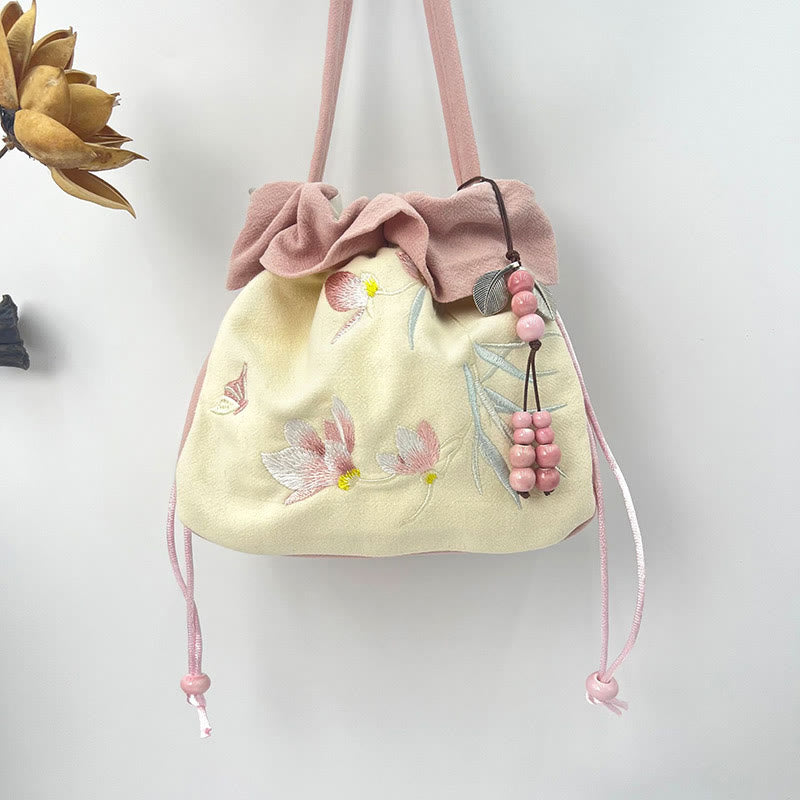 Cotton Linen Tote Bag with Spiritual Lotus Embroidery 20cm