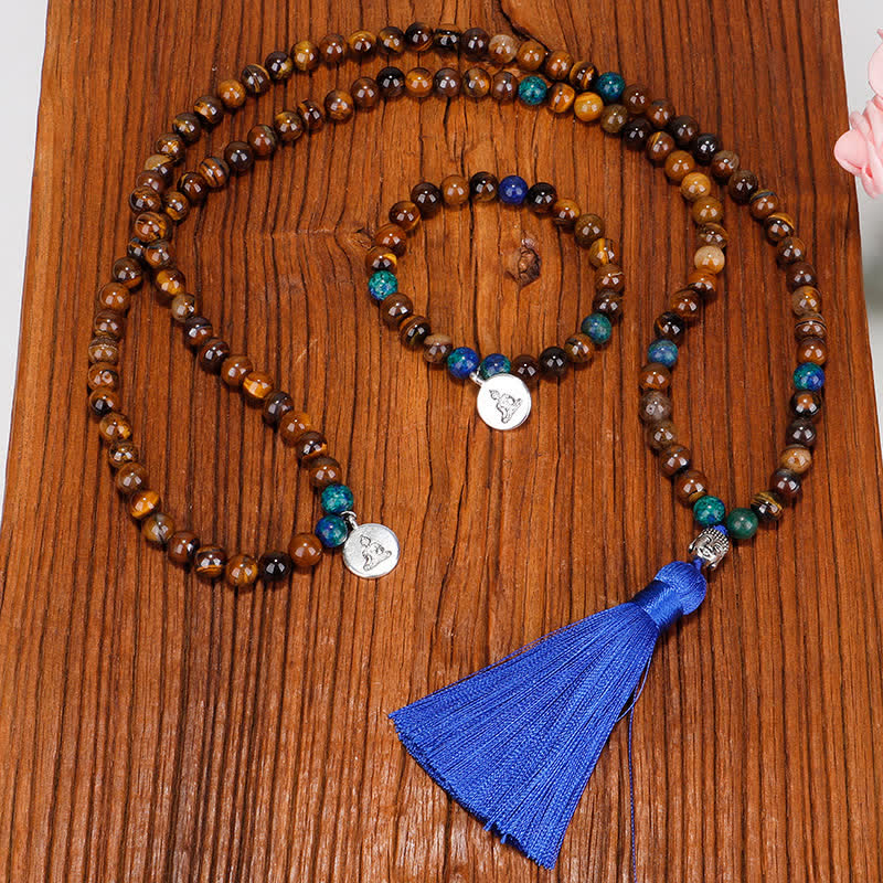 108-Beads Tiger Eye Strength Bracelet with Buddha Tassel