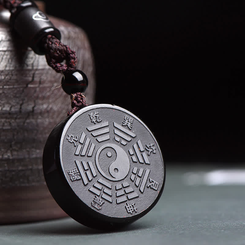 Black Obsidian Bagua Yin Yang Strength Pendant Necklace