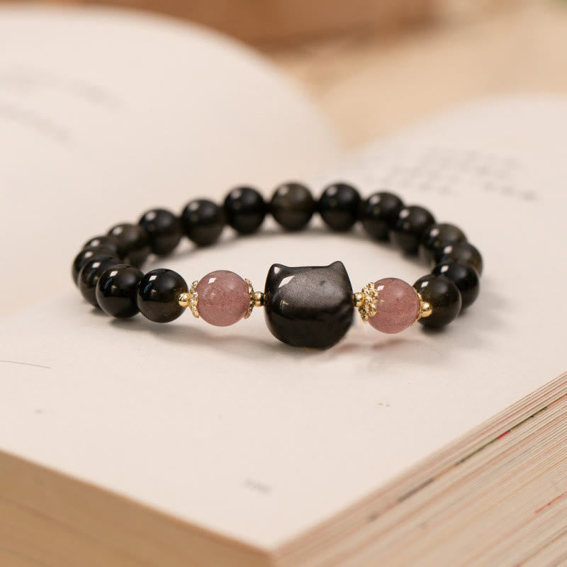 Black Obsidian Cat Head Wisdom & Strength Bracelet - 8mm