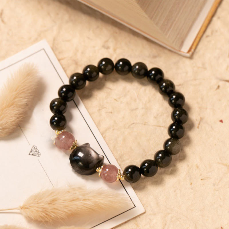 Black Obsidian Cat Head Wisdom & Strength Bracelet - 8mm