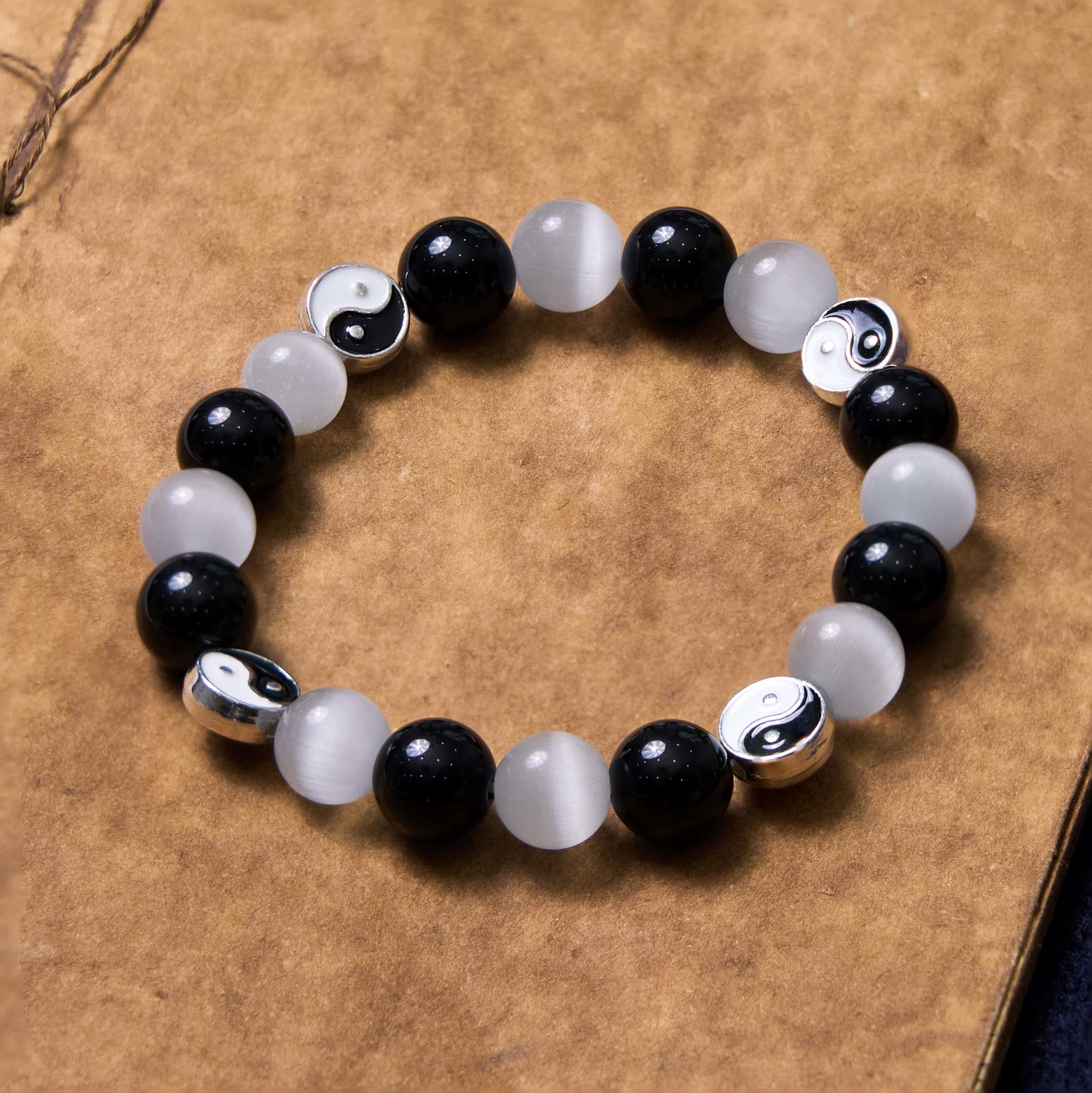 Black Obsidian Cat's Eye Yin Yang Bracelet for Purification & Strength