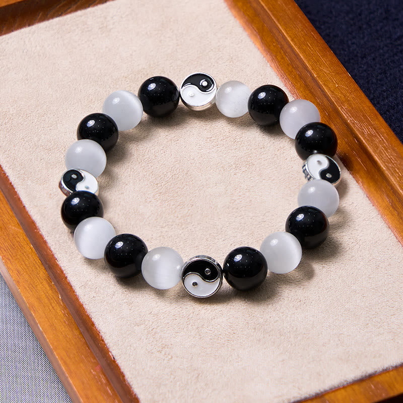 Black Obsidian Cat's Eye Yin Yang Bracelet for Purification & Strength