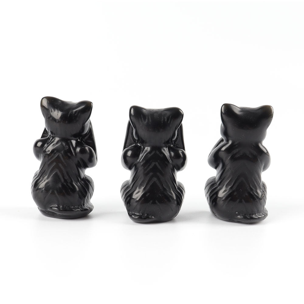 Black Obsidian Crystal Cats Carvings Set - See No Evil Trio