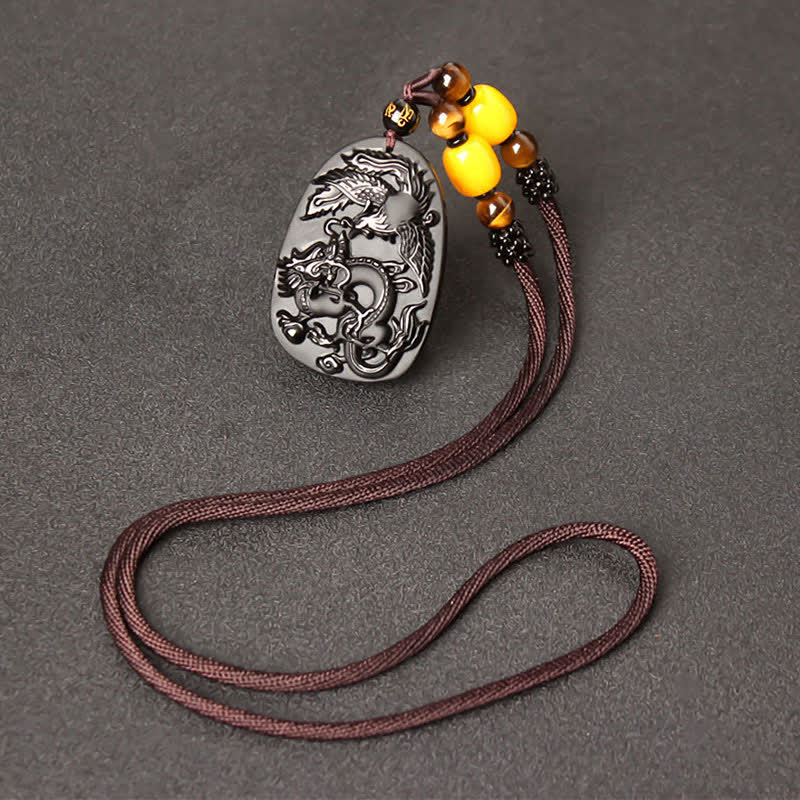 Black Obsidian Dragon Necklace with Tiger Eye Pendant for Protection